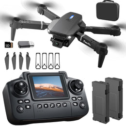 E88 Drone with Screen Controller with SD card, Foldable Mini Drone for Beginners, 2 Batteries, 360° Flips Waypoint Fly, Active Obstacle Avoidance, One Key Take Off/Landing.