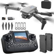 E88 Drone with Screen Controller with SD card, Foldable Mini Drone for Beginners, 2 Batteries, 360° Flips Waypoint Fly, Active Obstacle Avoidance, One Key Take Off/Landing.
